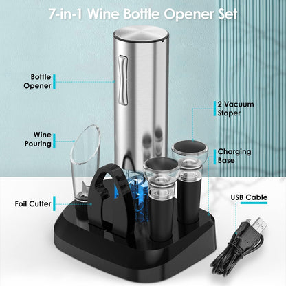 Wine Opener Electric Wine Opener, 7-in-1 Wine Opener Set with Charging Base, Automatic Wine Opener Rechargeable Gift for Wine Lovers Home Kitchen Party Bar Wedding