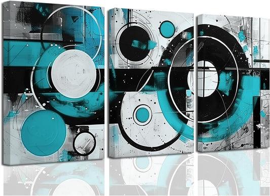 SWQYLB Teal Abstract Wall Art - Blue & Gray Geometric Canvas Print Set | Framed 12" x 16" x 3 Pieces for Home Decor