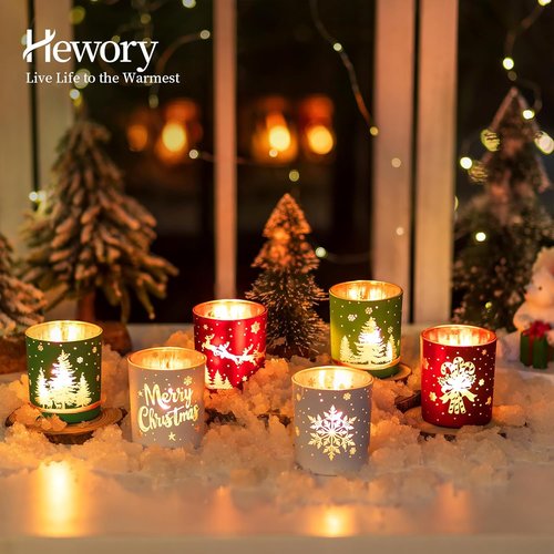Hewory Christmas Votive Candle Holders - Set of 6 Cylinder Glass Tea Light Holders for Holiday Decor