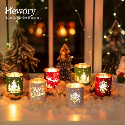 Hewory Christmas Votive Candle Holders - Set of 6 Cylinder Glass Tea Light Holders for Holiday Decor