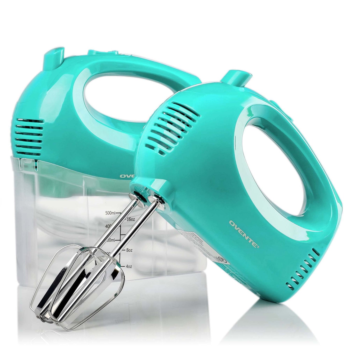 OVENTE Portable 5 Speed Mixing Electric Hand Mixer with Stainless Steel Whisk Beater Attachments Snap Storage Case, Compact Lightweight 150 Watt Powerful Blender for Baking & Cooking, Turquoise HM151T