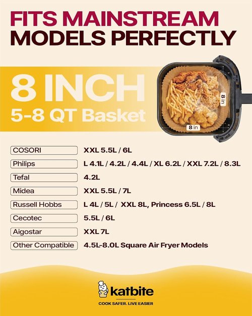 Katbite Air Fryer Liners - 8-Inch Square Non-Stick Parchment Paper for Easy Cleanup | 130 Count
