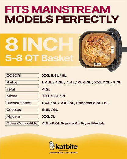 Katbite Air Fryer Liners - 8-Inch Square Non-Stick Parchment Paper for Easy Cleanup | 130 Count