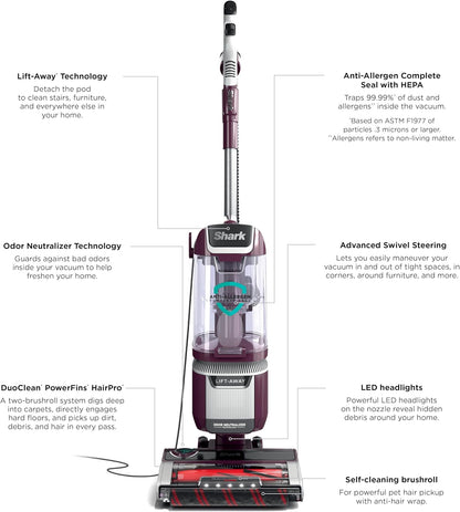 Shark LA702 Rotator Pet Lift-Away Vacuum - DuoClean PowerFins & Odor Neutralizer | Wine Purple
