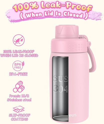 GOPPUS 15oz Stainless Steel Kids Water Bottle - Leakproof & Insulated | BPA-Free, Pink