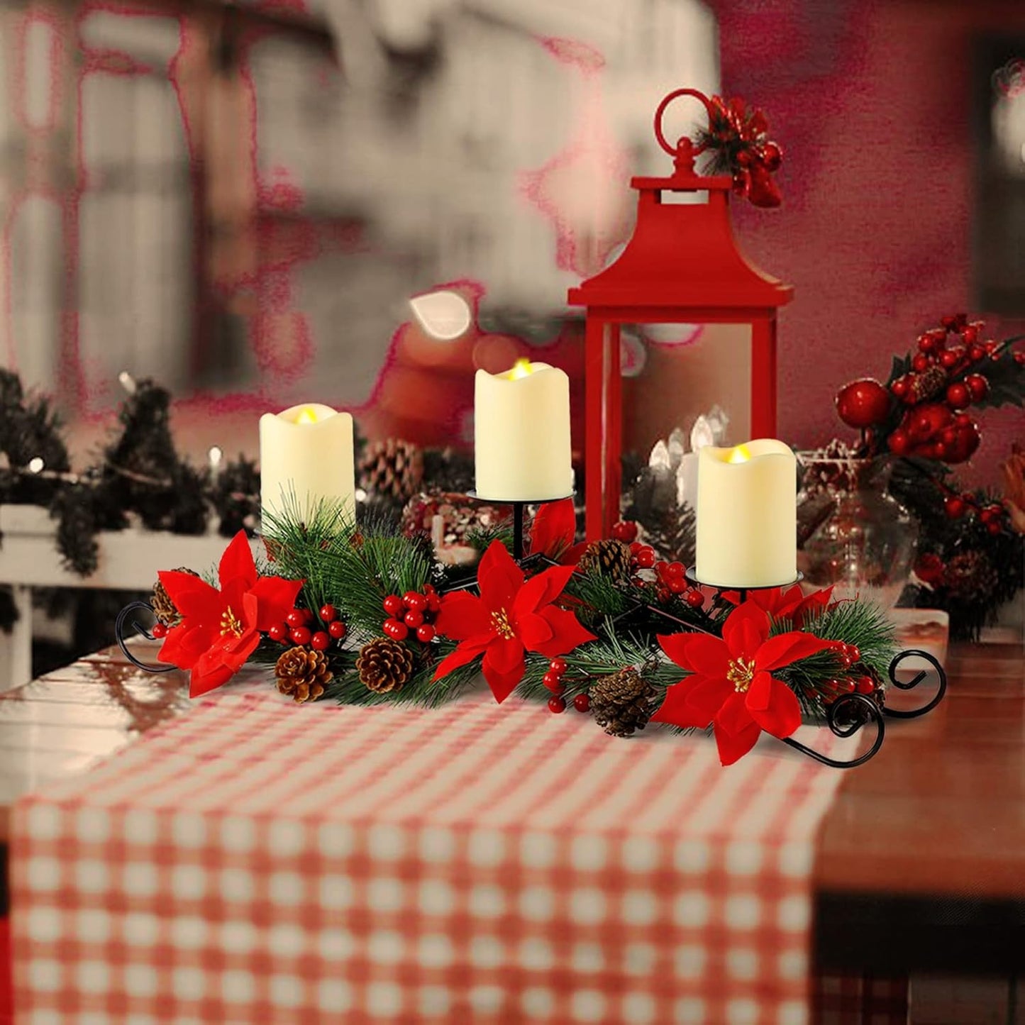 MorTime Christmas Centerpiece - 3 Candle Holders with Red Flowers & Pinecones | Festive Table Decor