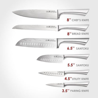 Cuisine::pro 7-Piece Chef Knife Set - Japanese Steel Knives with Magnetic Block - Damascus-Inspired Design