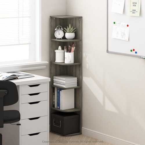 Furinno PASIR 5-Tier Corner Bookshelf - Stylish Open Shelf Bookcase for Living Room, Bedroom, Home Office | French Oak Finish