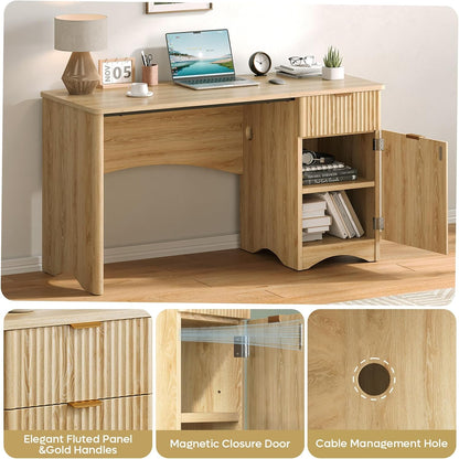 Bestier 47-Inch Fluted Computer Desk - Modern Wood Office Desk with Drawer & Storage Cabinet in Natural Oak