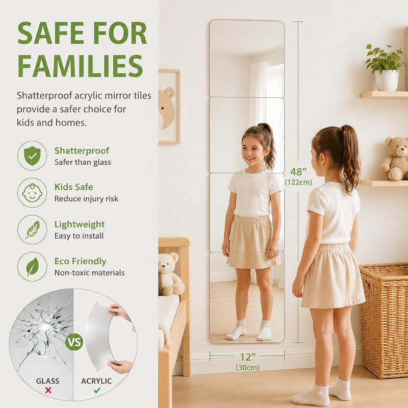 Shatterproof Acrylic Mirror Tiles, 12x12 inch, 4 Pack for Kids Rooms