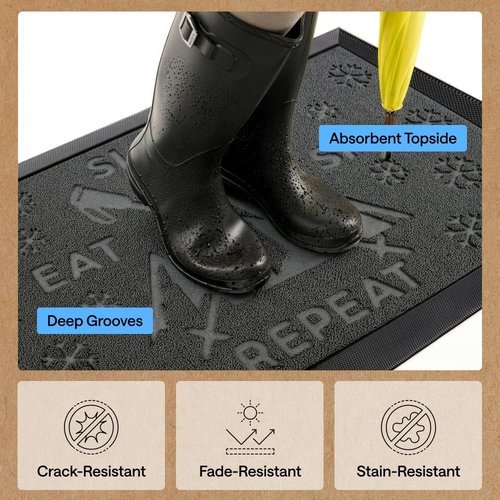 GORILLA GRIP 100% Waterproof All-Season WeatherMAX Doormat, US Designed Natural Rubber, Stain and Fade Resistant, Low Profile Indoor Outdoor Door Mats, Easy Clean Patio Mat, 29x17, Graphite Skiing