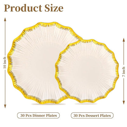 Ivory Plastic Plates with Gold Rim - 60Pcs, Disposable Tableware (Variation: Ivory)