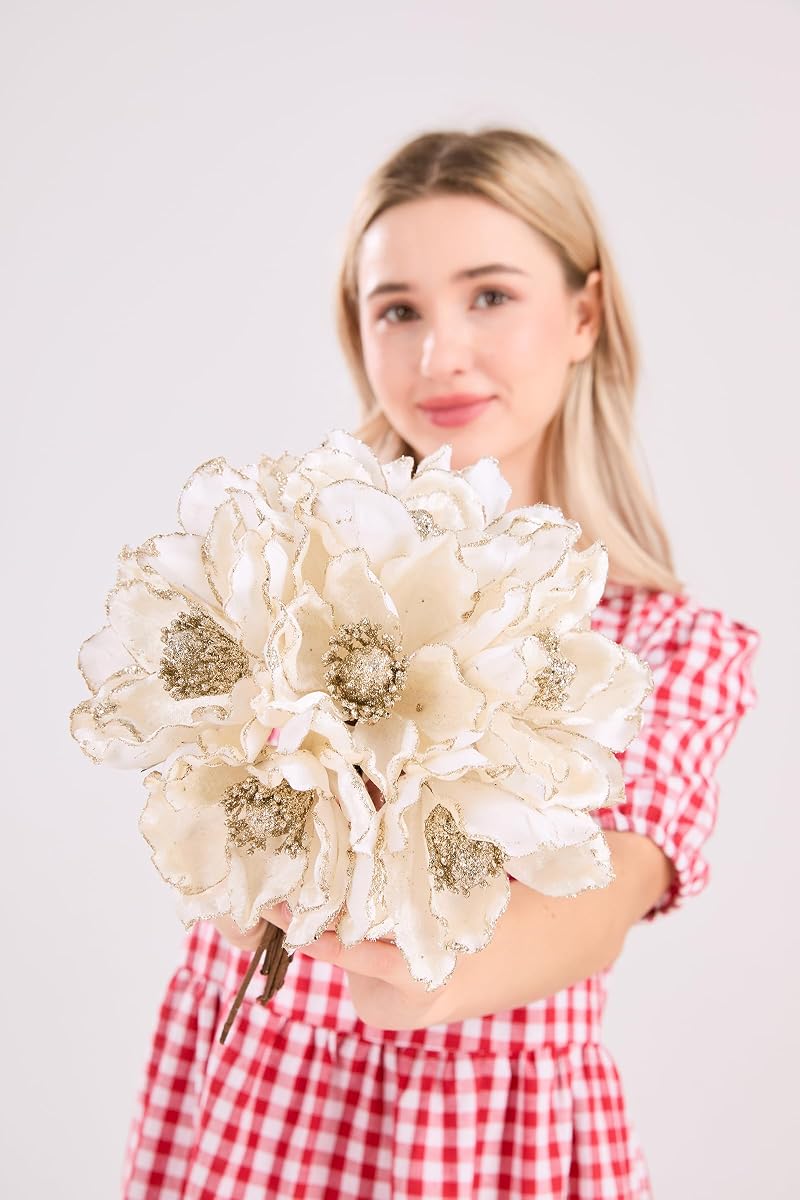 Glitter Poinsettia Artificial Flower 6.3 Inch 10 Pcs Christmas Tree Wreath Ornaments - White (Variation: White a+10)