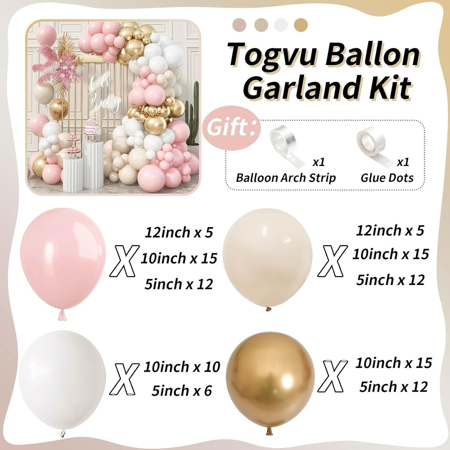 Skiennix Pink Beige Gold Balloon Garland Arch Kit - 109 Pieces for Birthday & Bridal Shower Decor