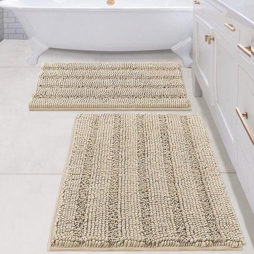 H.VERSAILTEX Bathroom Rug Sets 2 Piece Bath Mats Non Slip Thick Soft Chenille Striped Bath Rug achine Washable Shower Floor Rugs for Tub, Shower and Floor (Fog, 20" x 32"/24" x 36")