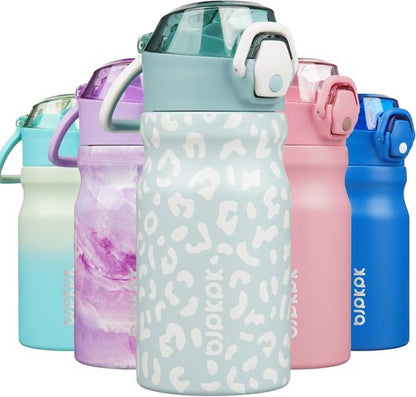 BJPKPK Insulated Water Bottle - 14oz Reusable Stainless Steel Flask with Straw & Leak-Proof Lid | Light Blue Leopard
