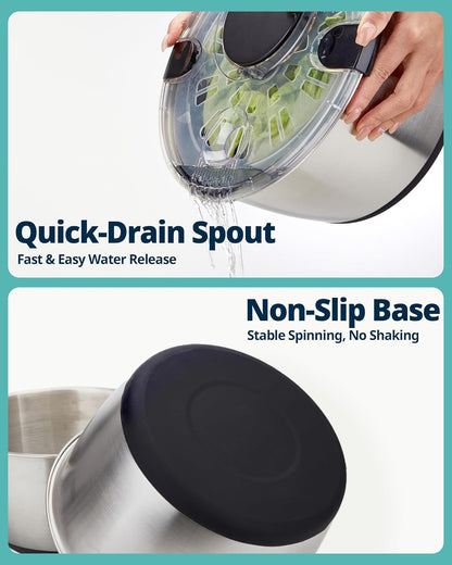 Stainless Steel Salad Spinner - 6.34Qt Large Lettuce Dryer | BPA-Free Vegetable & Fruit Washer