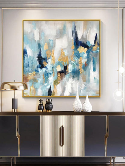 Blue and Gold Abstract Wall Art for Office. Large Hand-Painted Oil Painting for Living Room. Framed Blue Wall Painting Contemporary for Bedroom Home Decoration Ready to Hand 30x30inches