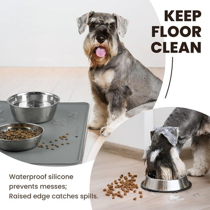 VIVAGLORY Dog Food Mat - Non-Slip Waterproof Silicone Bowl Placemat with Raised Edges | Grey, Small