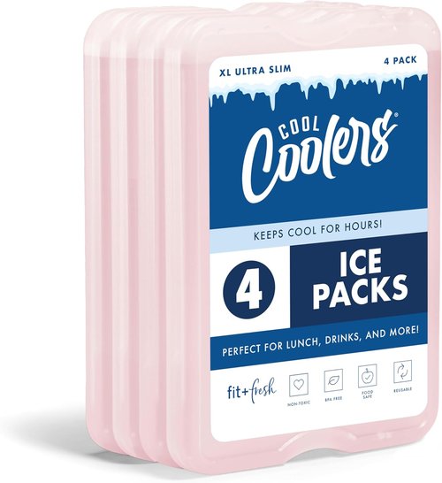 Fit & Fresh Cool Coolers XL Slim Ice Packs - Quick Freeze, Reusable & Space-Saving, Light Pink, 4-Pack