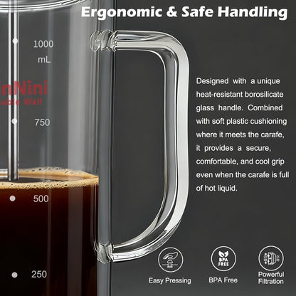 Skiennix French Press Coffee Maker - 34-Ounce Double Wall Glass with Stainless Steel Filter & Bamboo Lid