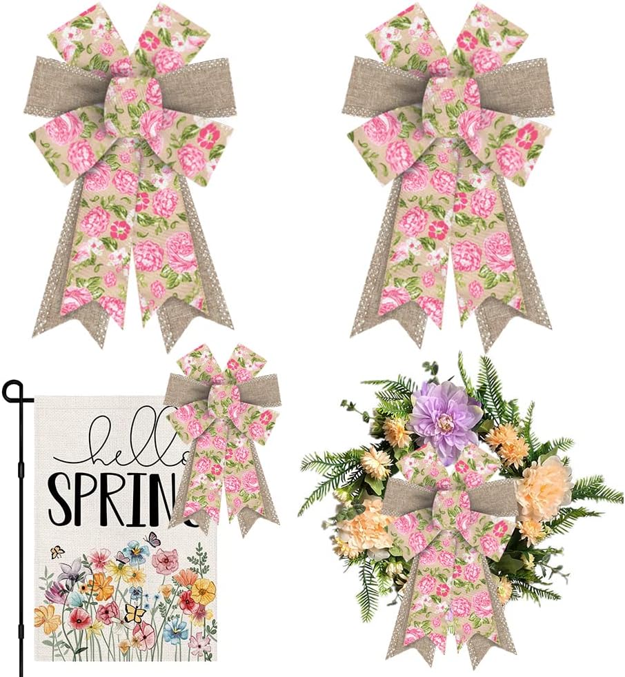 Skiennix Spring Wreath Bows - Pink Roses & Burlap Design | 2-Pack for Indoor/Outdoor Decor