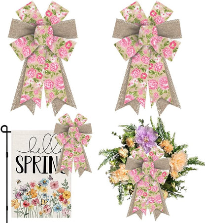 Skiennix Spring Wreath Bows - Pink Roses & Burlap Design | 2-Pack for Indoor/Outdoor Decor