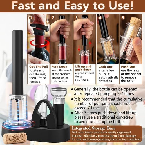 5 Pcs Air Pump Wine Opener Set with Foil Cutter, Wine Pourer, Vacuum Stopper and Storage Base NUCOKRS Corkscrew Great Gift for Wine Lovers