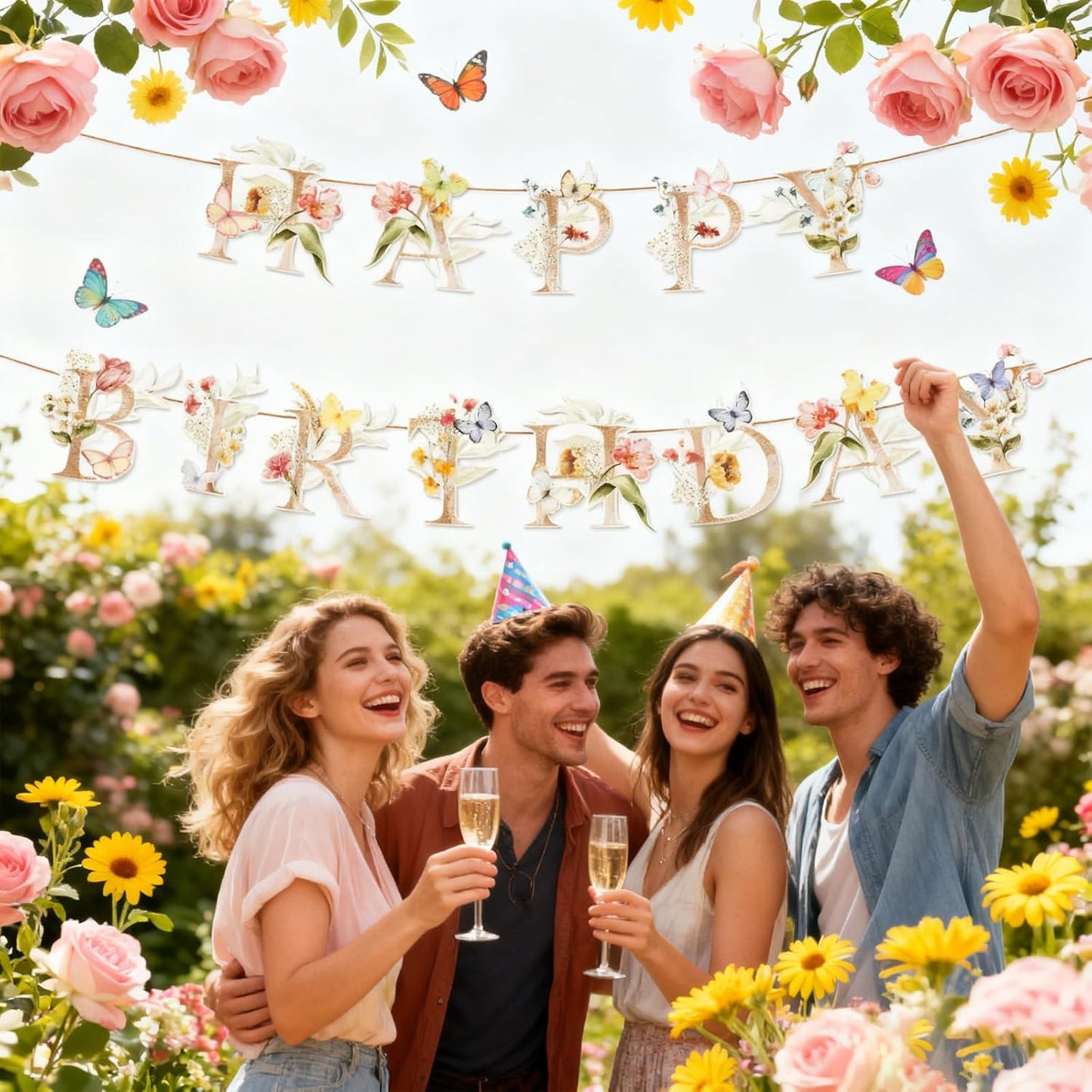 Wildflower Happy Birthday Banner - Spring Garden Party Decorations with Butterfly Design | Floral Bday Sign