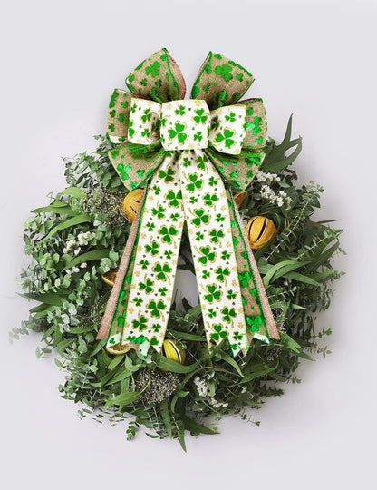 Patrick's Day Wreath Bow - Green Shamrock Ribbon for DIY Crafts & Party Decorations | 11x20 Inch