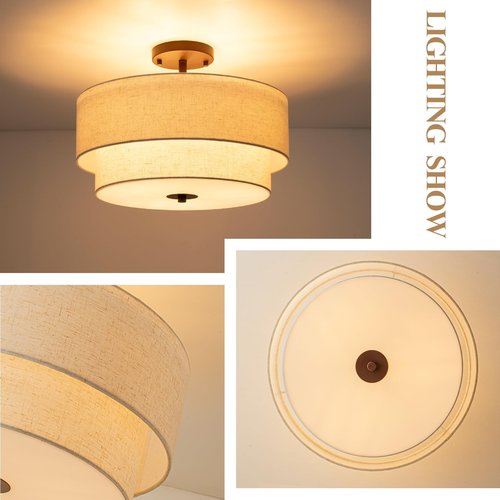 Bargeni 16" Semi Flush Mount Ceiling Light, 3-Light Drum Ceiling Light Fixture, Oil Rubbed Bronze with Double Linen Fabric Shade, Modern Light Fixtures Ceiling Mount for Bedroom, Living Room, Entryway