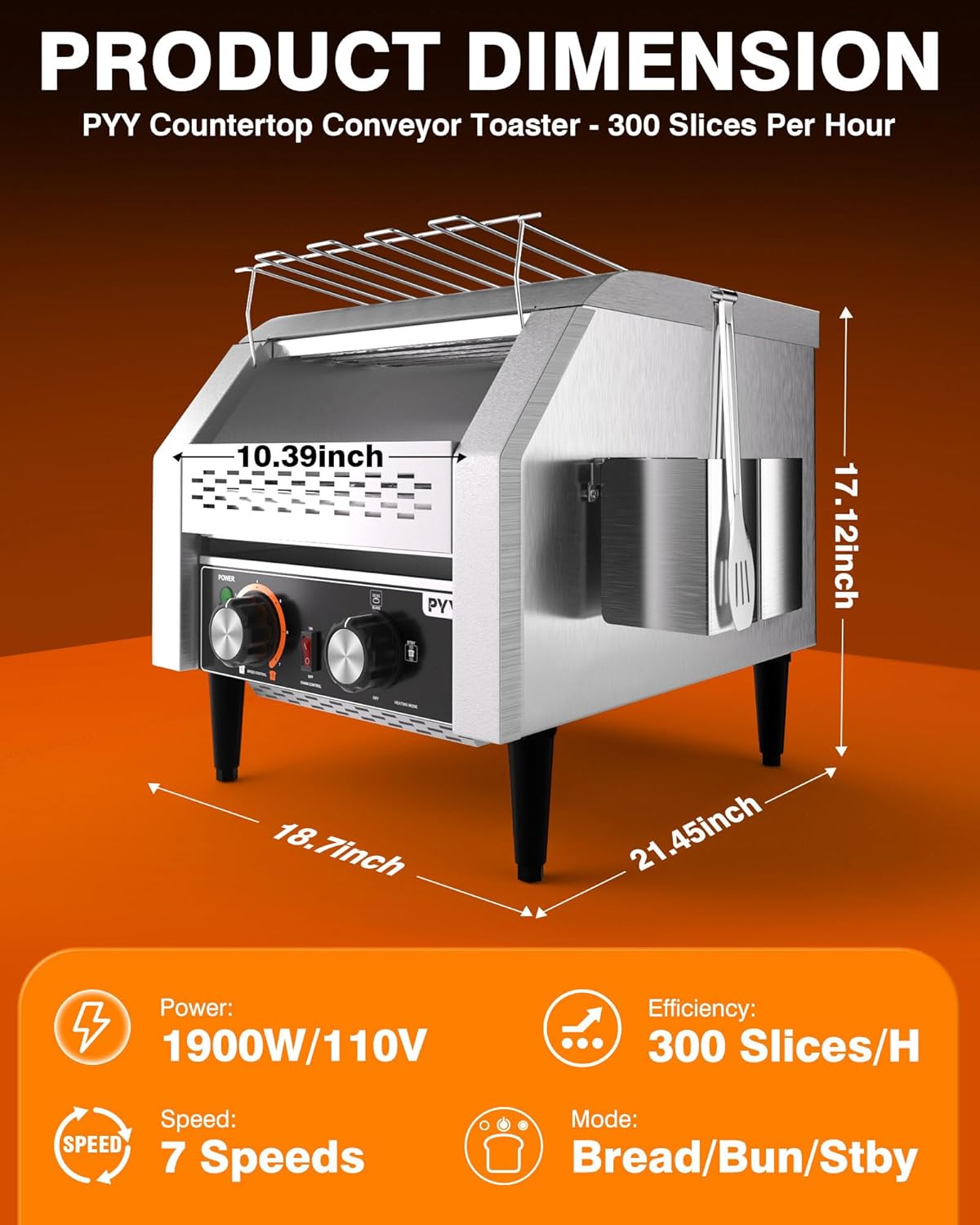 PYY Commercial Conveyor Toaster - 300 Slices/Hour Heavy-Duty Stainless Steel, 1900W, 110V