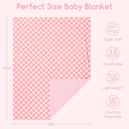 Skiennix Baby Blanket - Double Layer Toddler Crib Blanket with Dotted Backing | Pink Checkered, 30x40 Inches