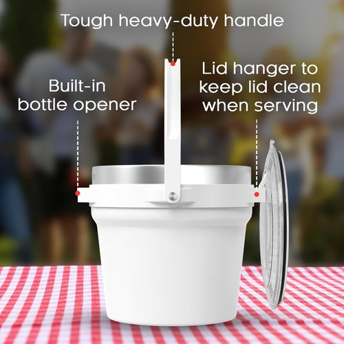 Barbarian Beverage Bucket, Double-Wall Vacuum Insulated Ice Bucket with Lid, Extra Large 7 Litre Capacity with Ice Scoop and Built-In Bottle Opener, White