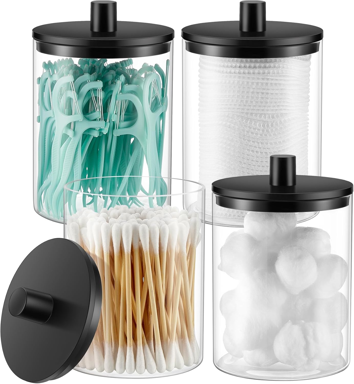 TIPGO Glass Qtip Holder Dispenser - 10 oz Clear Apothecary Jar for Cotton Swabs & Makeup Storage | 4 Pack, Black