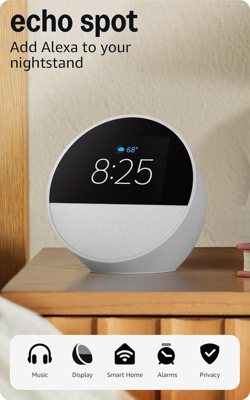 Amazon Echo Spot - Smart Alarm Clock with Alexa - Perfect for Nightstands & Offices - Black
