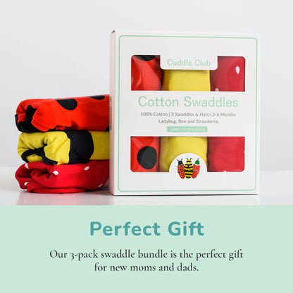 Baby Swaddle | 100% Cotton Adjustable Velcro Newborn Blanket Wrap - with Novelty Hat Beanie