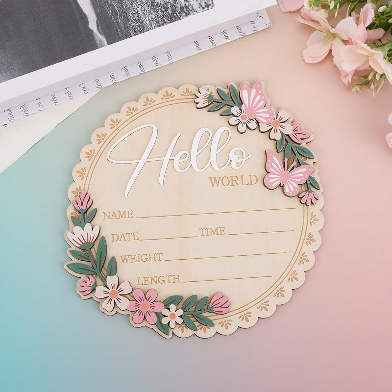 Wooden Newborn Announcement Sign with Pen - Hello World Nursery Keepsake 15x15cm