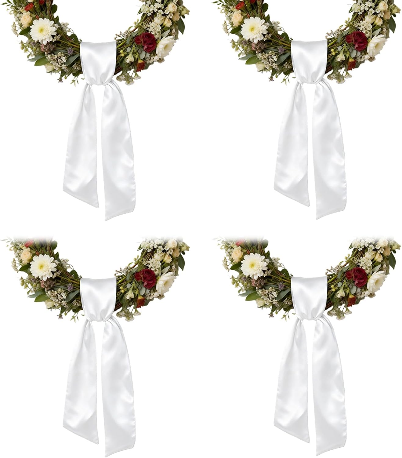 White Satin Wreath Sash by 4Pcs - Elegant Door Decor for Easter, Weddings, and Special Occasions