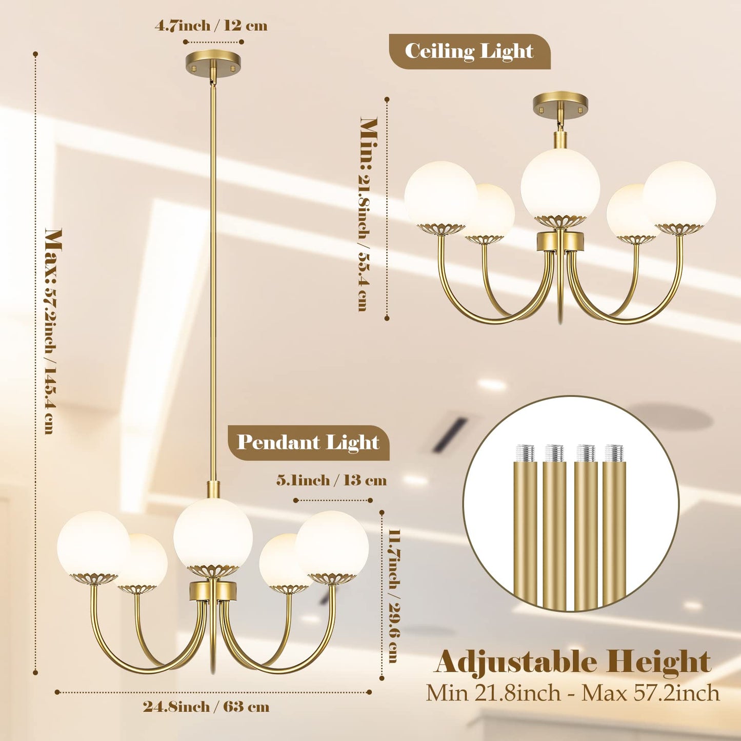 Yolsunes 5-Light Gold Chandelier, Globe Modern Sputnik Light Fixture with Frosted Glass, Vintage Semi-Flush Mount Ceiling Light for Dining Room, Large Pendant Lighting for Kitchen Living Room Bedroom