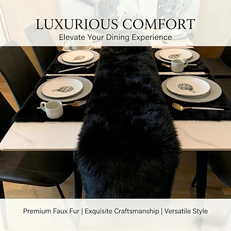 Black Faux Fur Table Runner 12x36 Inch - Fluffy Halloween Winter Decor - Variation: Black+12x36 Inch