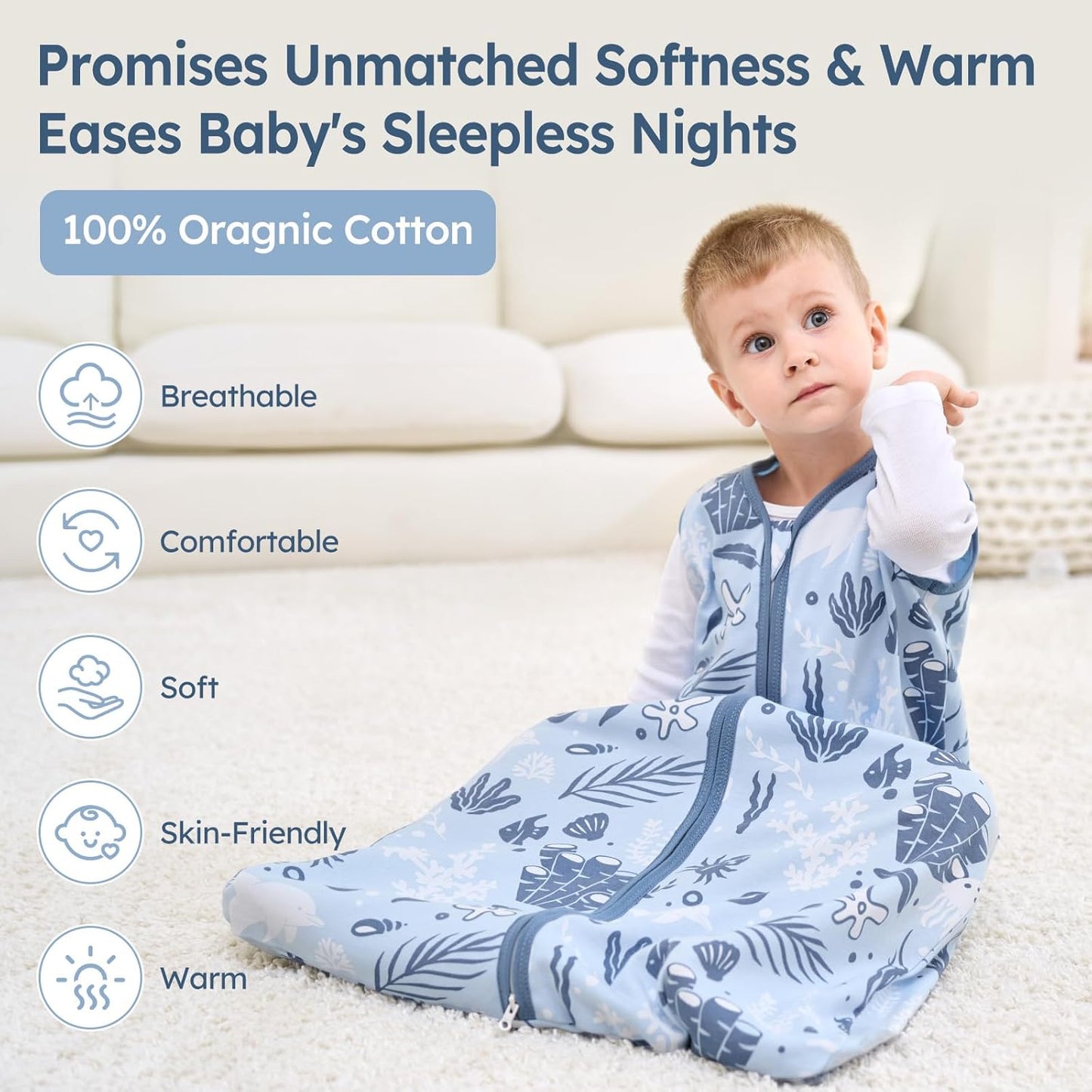 Unnivoll Baby Sleep Sack - 100% Cotton Lightweight Wearable Blanket for Infants 0-6 Months | Blue Dolphin