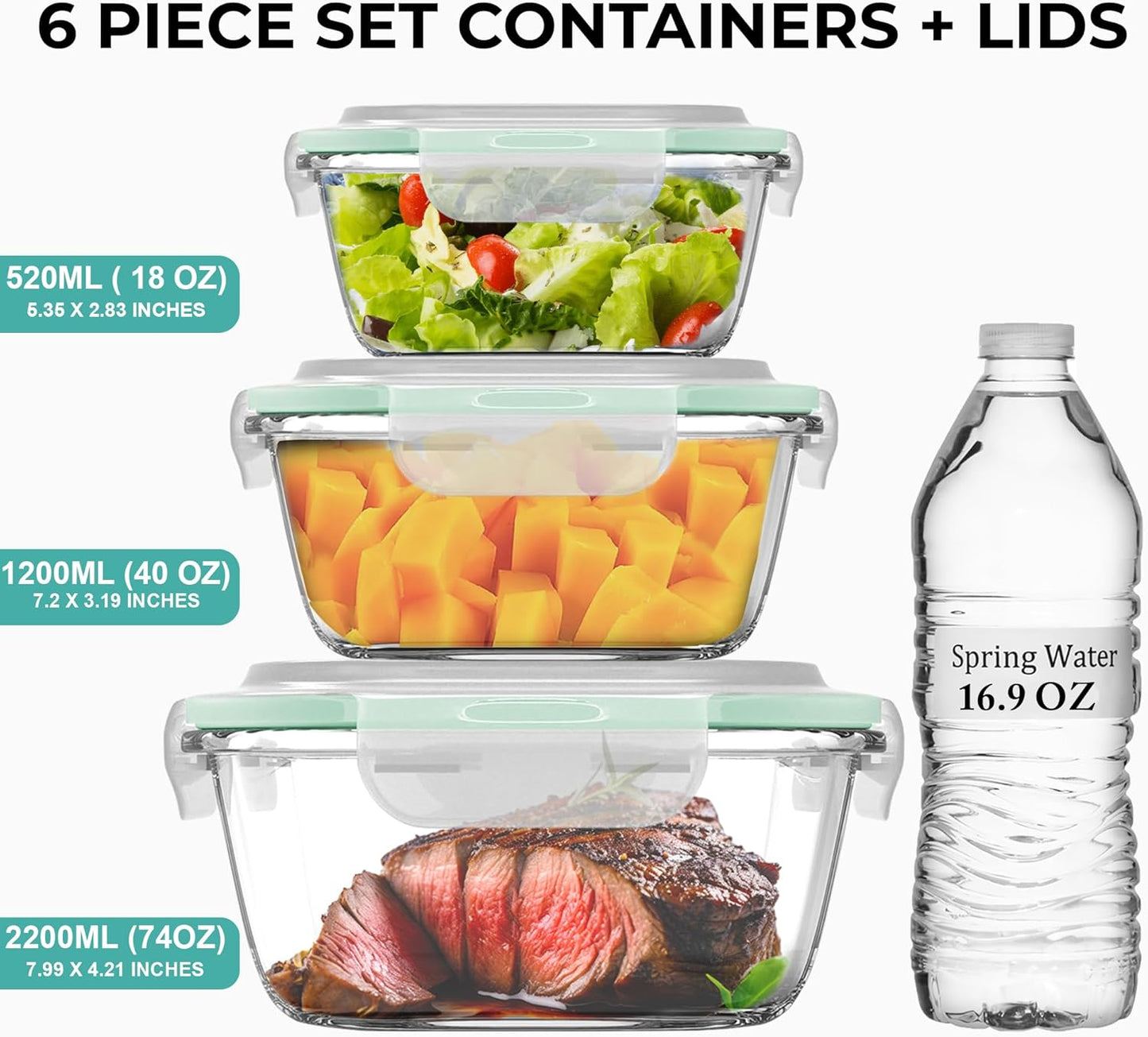 Razab Glass Food Storage Containers Set - 6 PC Airtight Kitchen Meal Prep Containers | 74, 40 & 18 oz