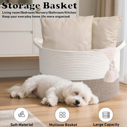 Skiennix 65L Large Woven Cotton Rope Basket - Stylish Laundry Hamper for Bedroom & Living Room | White & Brown