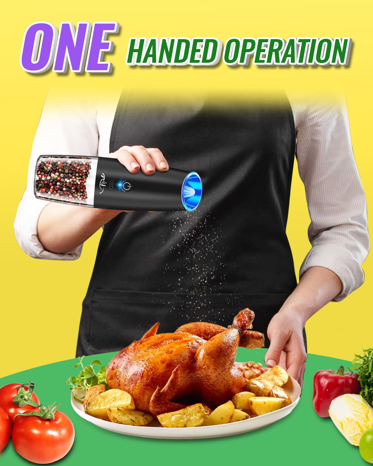 Rongyuxuan Upgraded Rechargeable Gravity Electric Salt and Pepper Grinder Set with LED lights,Stainless Steel Automatic Pepper or Salt Grinder Mill Shaker Refillable with Adjustable Coarseness,Black