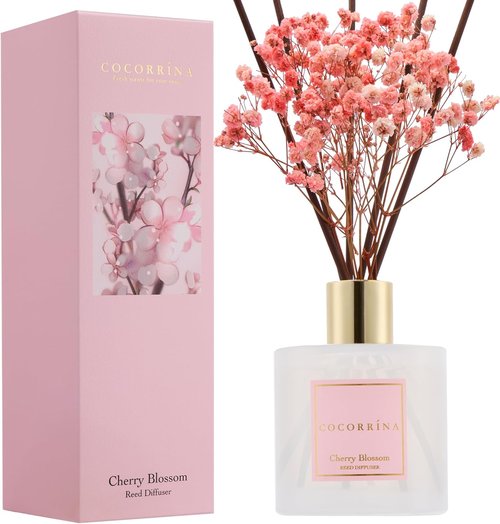 Cocorrína Reed Diffuser - Cherry Blossom 6.7 Fl. Oz Set with Sticks & Preserved Baby's Breath | Home Decor