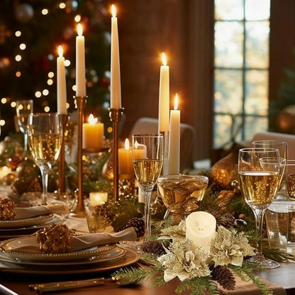 Christmas Candle Ring - Artificial Golden Flower & Pine Wreath for Holiday Table Centerpiece