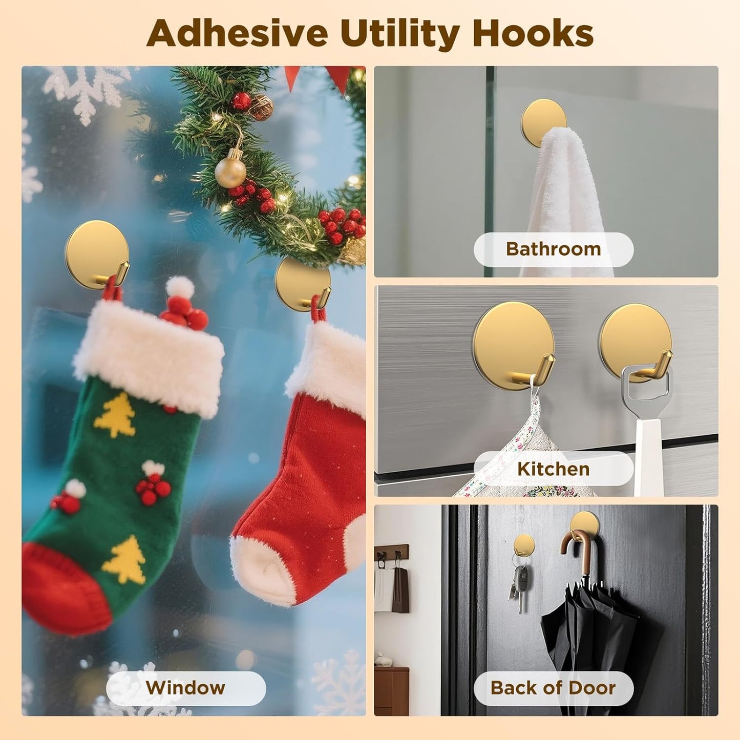 OUTXE Heavy-Duty Adhesive Wreath Hanger - Perfect for All Seasons | Gold, 2-Pack for Doors & Windows