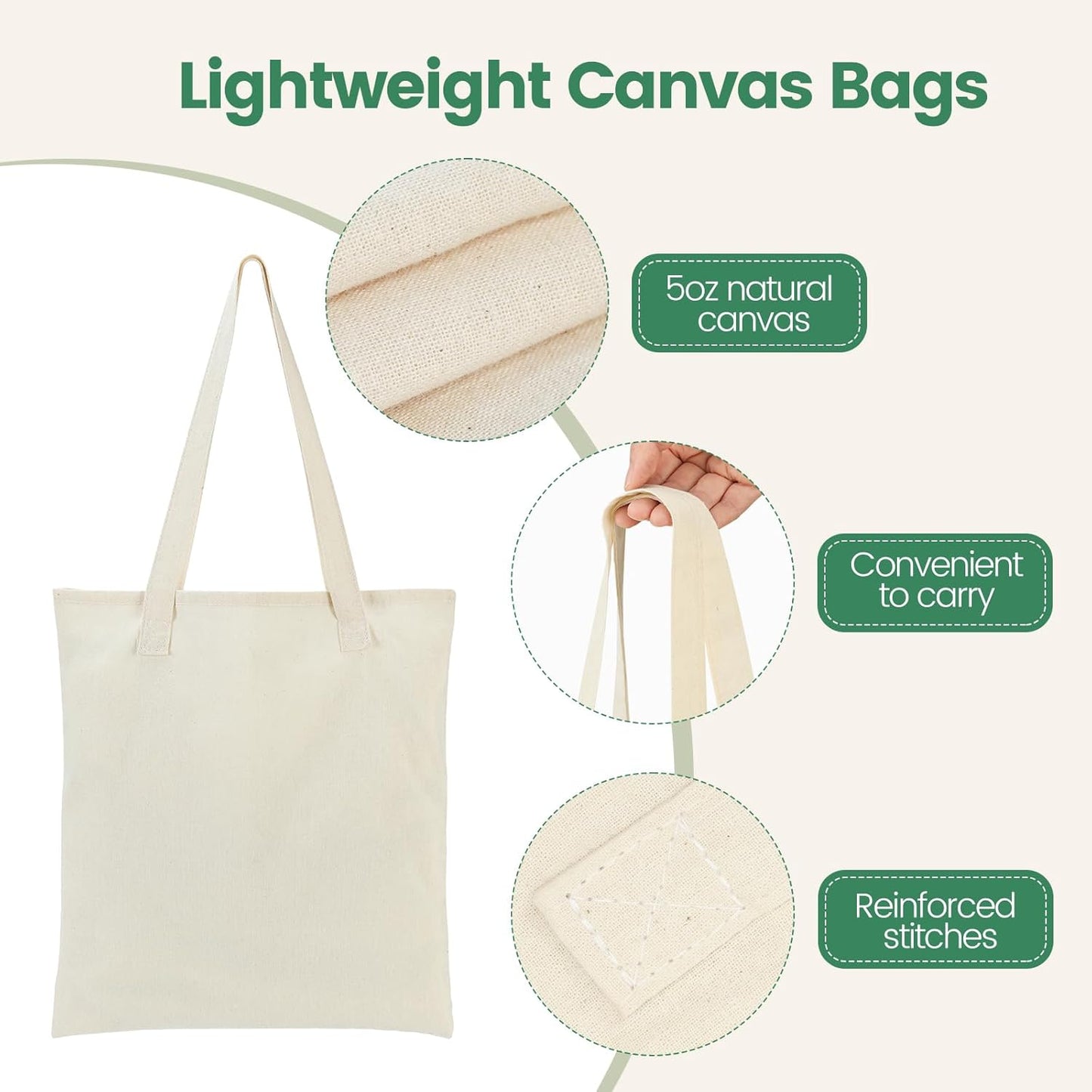 Skiennix 24 Pack Canvas Tote Bags - Lightweight Reusable Grocery Bags for DIY Projects | Beige