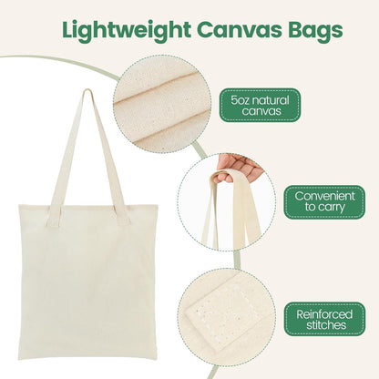 Skiennix 24 Pack Canvas Tote Bags - Lightweight Reusable Grocery Bags for DIY Projects | Beige